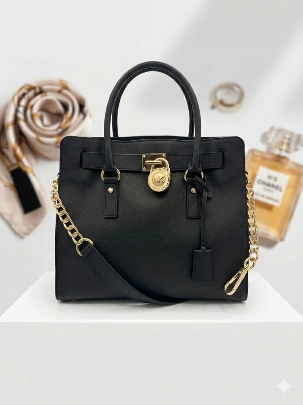 Michael Kors Hamilton Large N/S Tote – Black Saffiano Leather & Gold Hardware